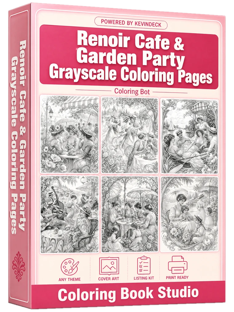 Joyful, the renoir cafe & garden party grayscale coloring pages studio
